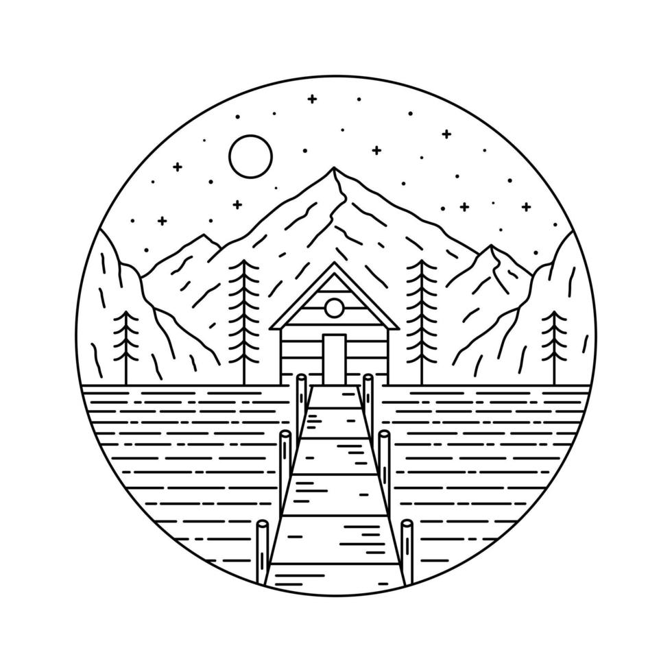 Cottage on the nature mountain with wooden dock in mono line art, patch badge design, emblem design, T-Shirt Design vector
