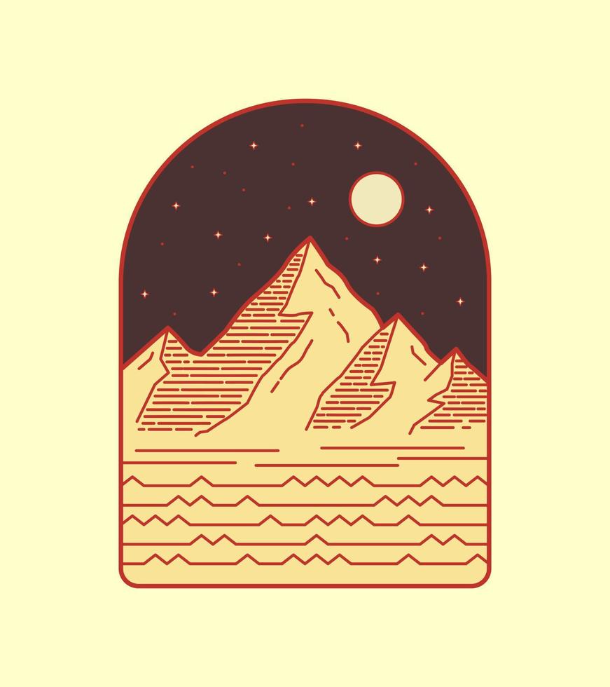 Mountain view vector design and sparkling night stars in mono line art, patch badge vector, T-shirt Design