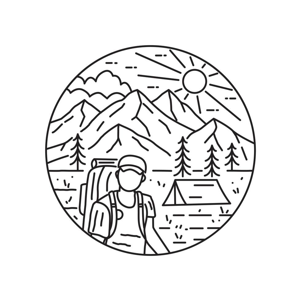 camping man in a mountainous forest in mono line art ,badge patch pin graphic illustration, vector art t-shirt design
