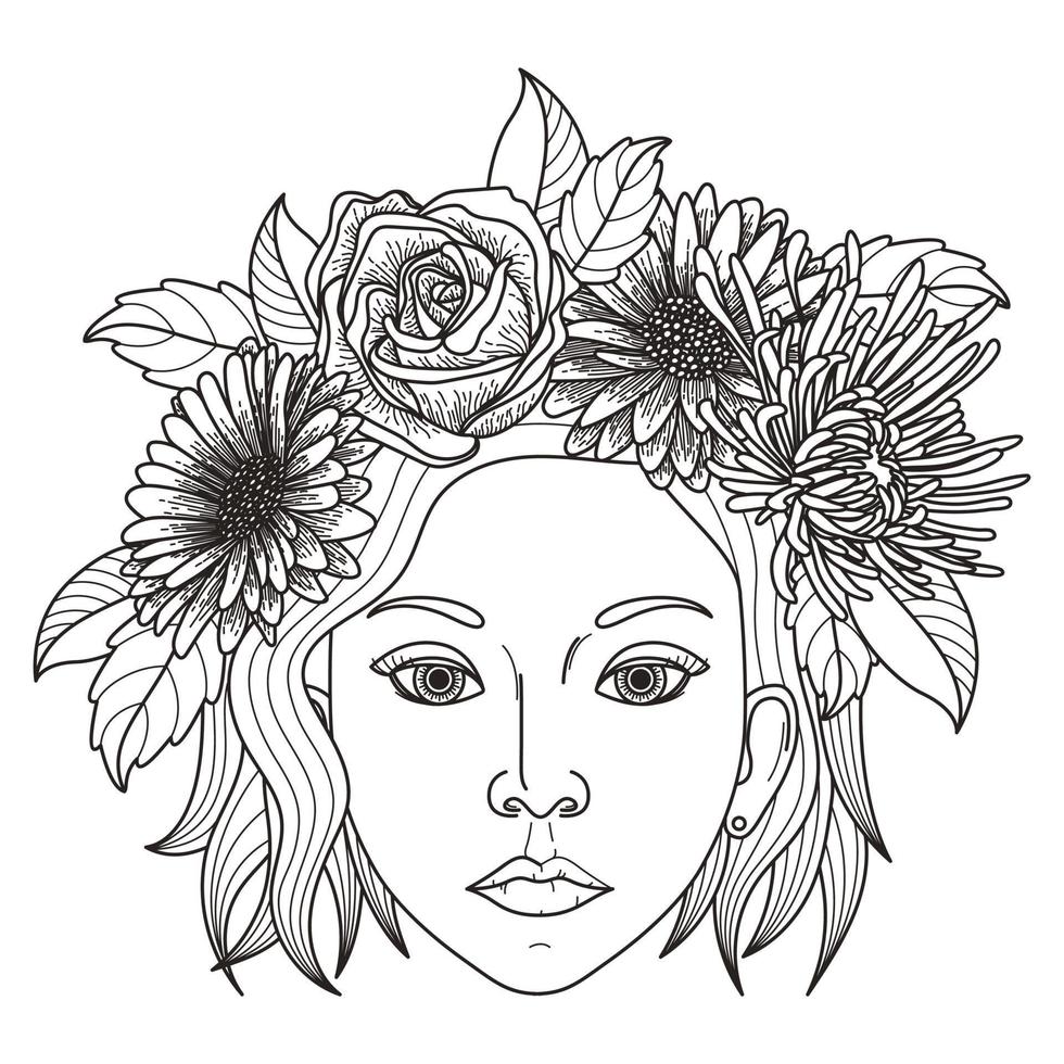 Vector girl decorative hairstyle with flowers, leaves in hair in doodle ...