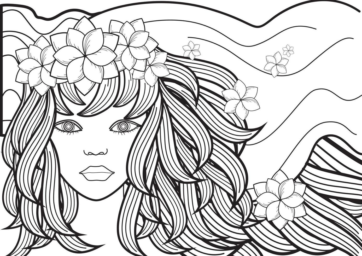 peinado decorativo de chica vectora con flores, hojas en el pelo al estilo garabato. naturaleza, ornamentada, ilustración floral. fondo monocromático en blanco y negro. Página de libro para colorear dibujada a mano zentangle vector