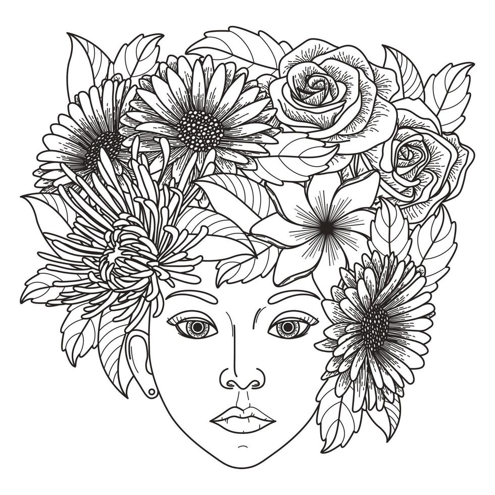 peinado decorativo de chica vectora con flores, hojas en el pelo al estilo garabato. naturaleza, ornamentada, ilustración floral. fondo monocromático en blanco y negro. Página de libro para colorear dibujada a mano zentangle vector