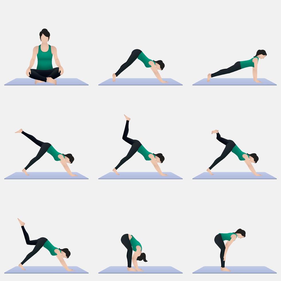 mujer haciendo yoga conjunto de posiciones entrenamientos en casa conjunto fitness entrenamiento deportivo concepto diseño plano sobre fondo blanco vector