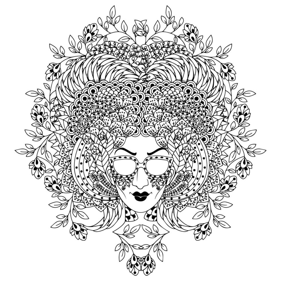 Woman in a headdress. Hand-drawn asian woman's head patterned with ethnic doodle pattern. Zendala, design for meditation, vector illustration, isolated on a light patterned background. Zen doodles.
