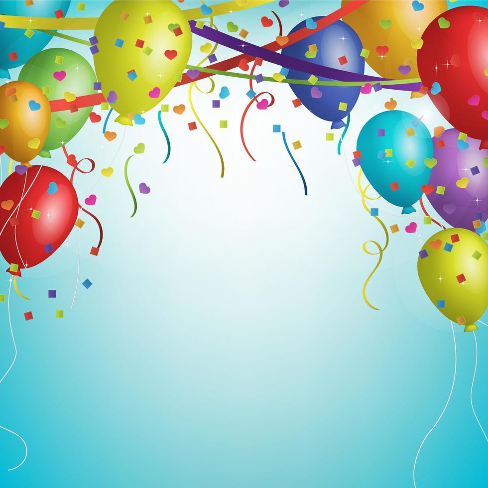 texto de feliz cumpleaños con un globo realista, globo de celebración de ilustración vectorial con banderas coloridas y fondo de confeti vector