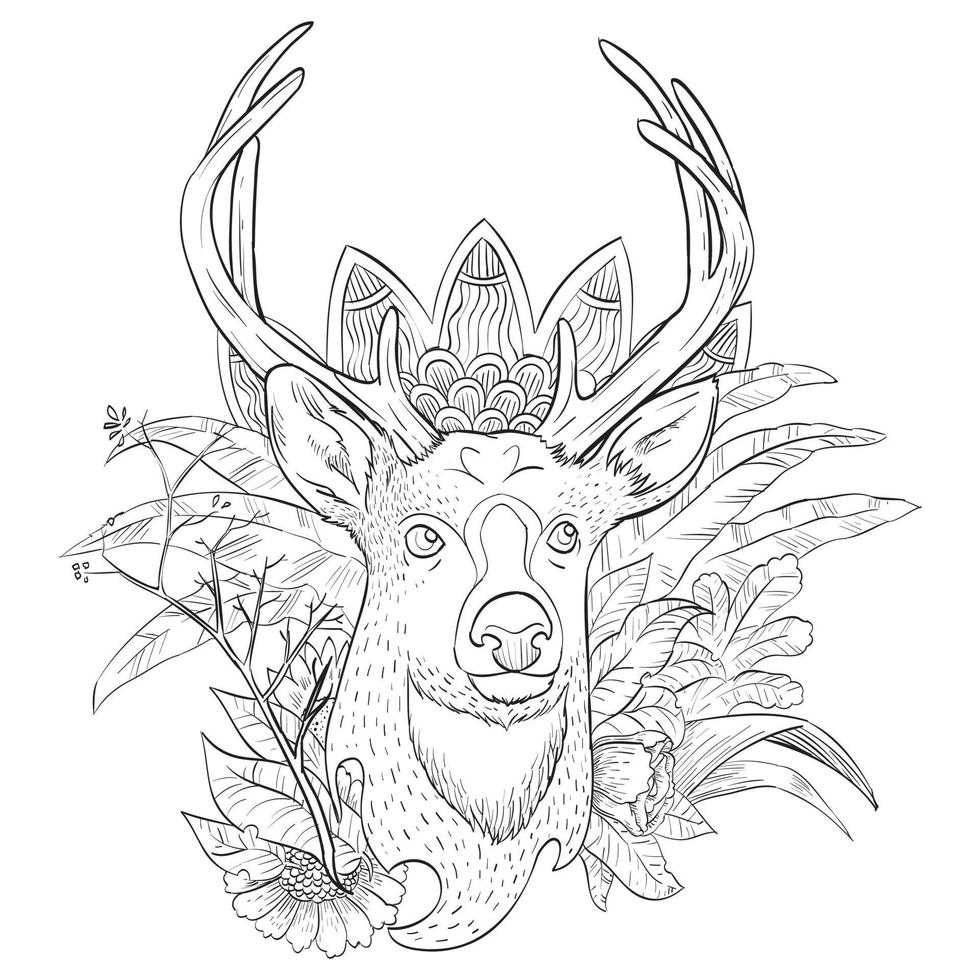 Coloring page with deer in forest. Coloring book for adult and older children. Vector illustration. Outline drawing.