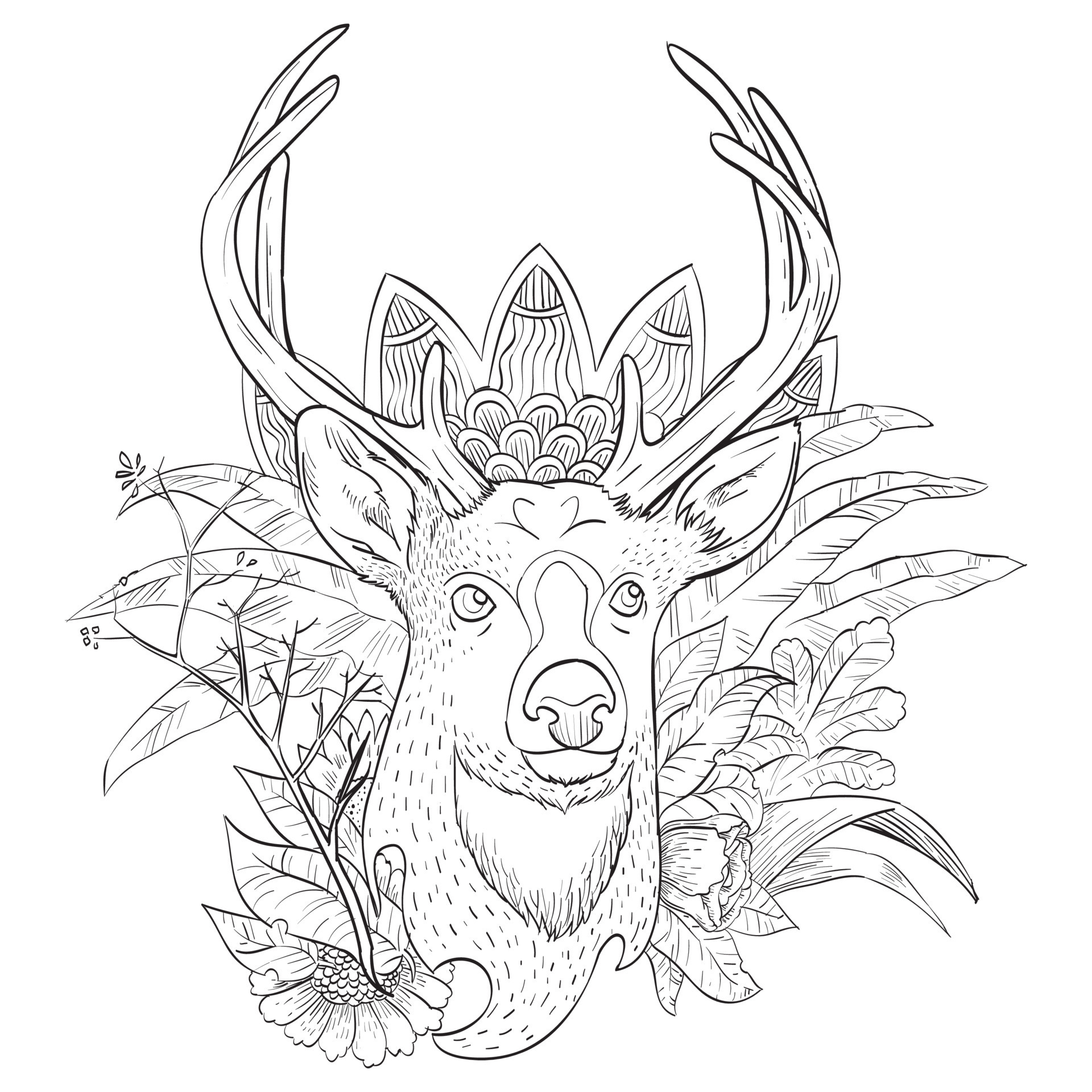 Adult Coloring Pages Forest - Coloring Page With Deer In Forest Coloring Book For Adult And Older Children Illustration Outline Drawing Vector 