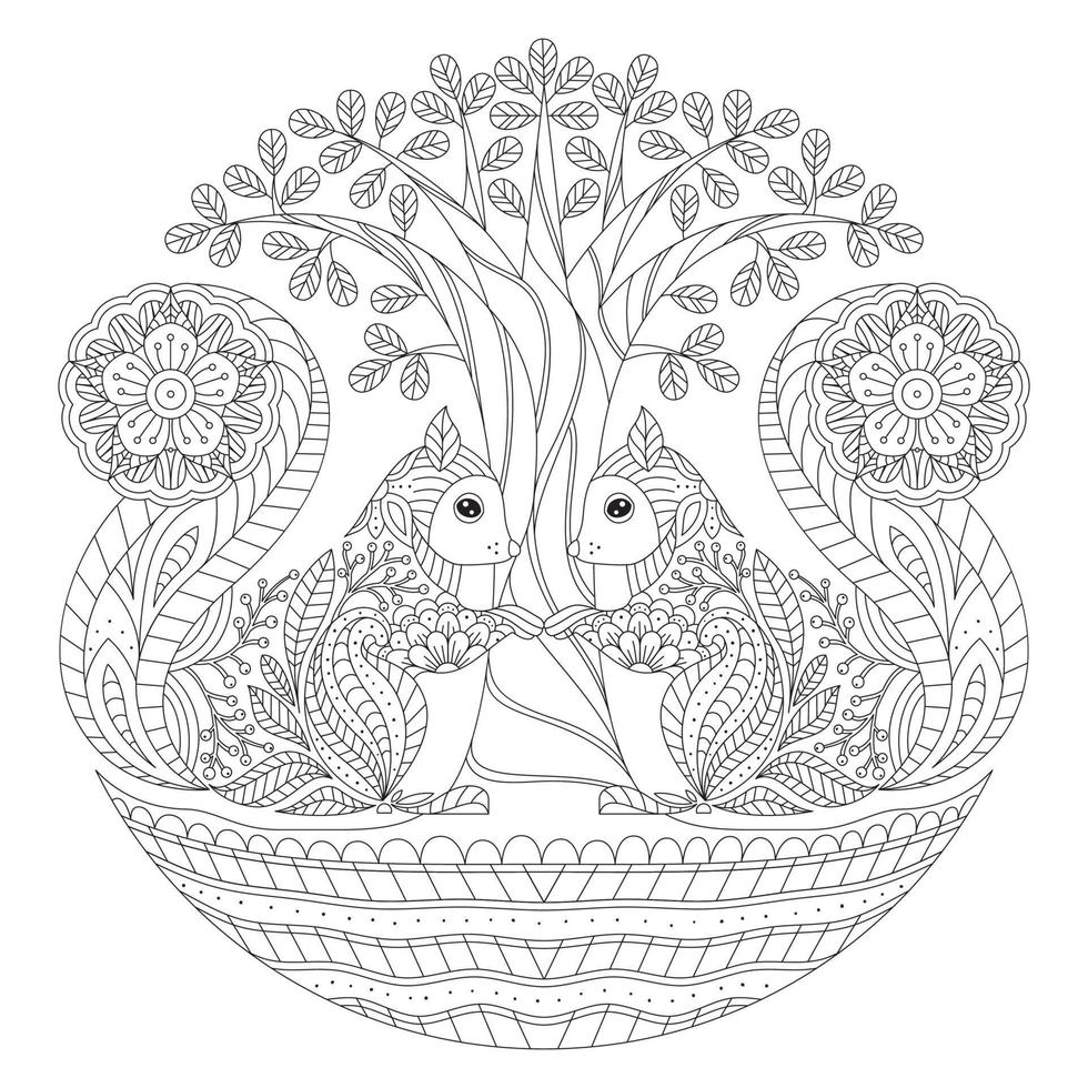 Vector illustration zentangl. The girl is surrounded by squirrels and a kitten. Coloring book. Antistress for adults and children. The work was done in manual mode. Black and white.