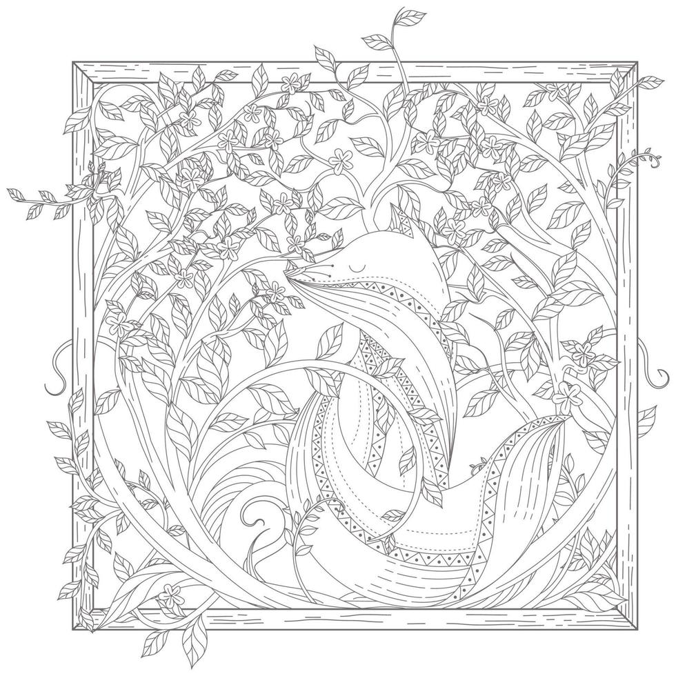 página del libro de colorear floral para adultos. zorro de cuento de hadas. animal etéreo formado por flores, hojas y mariposas vector