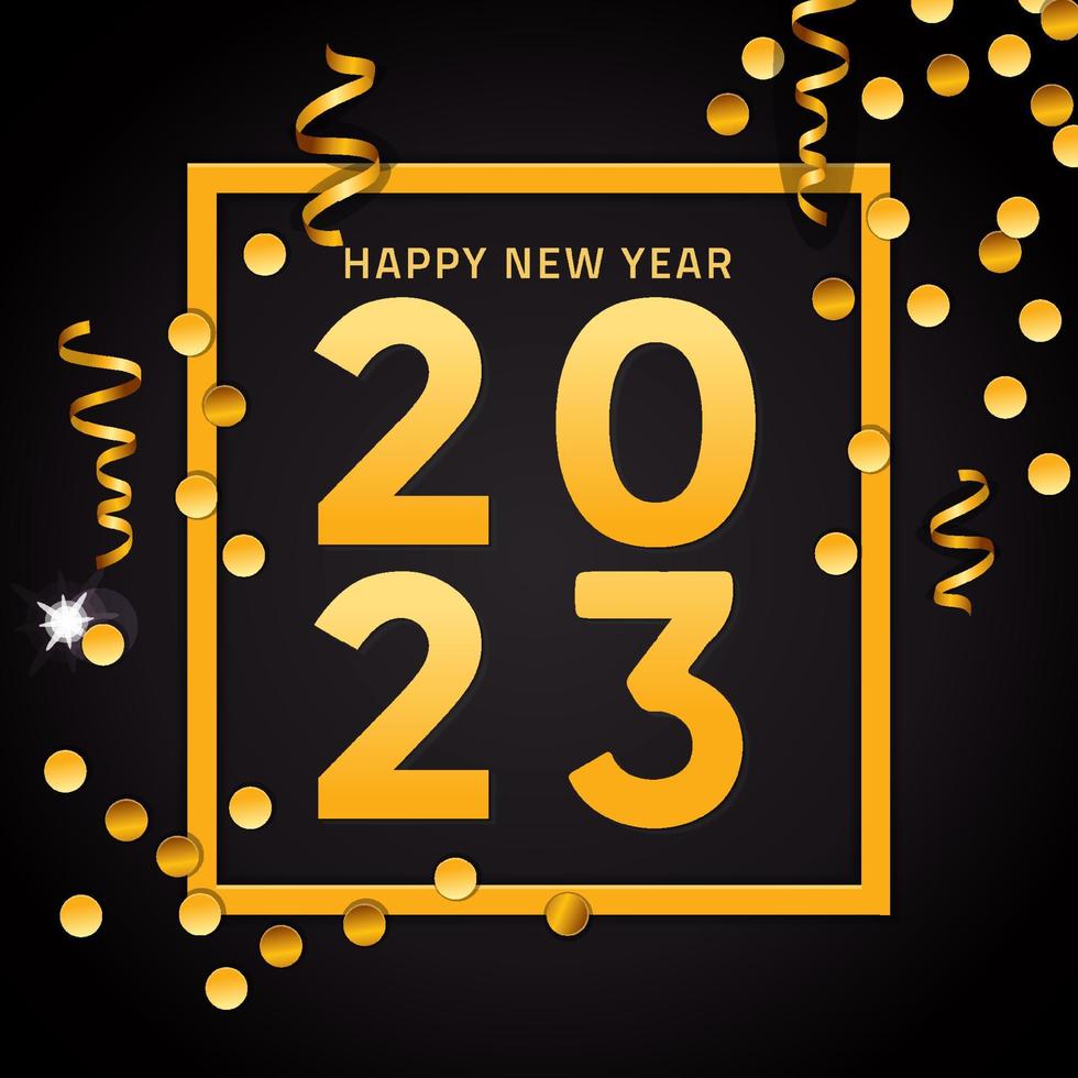Happy new year 2023 golden greeting on shiny golden confetti and black background vector