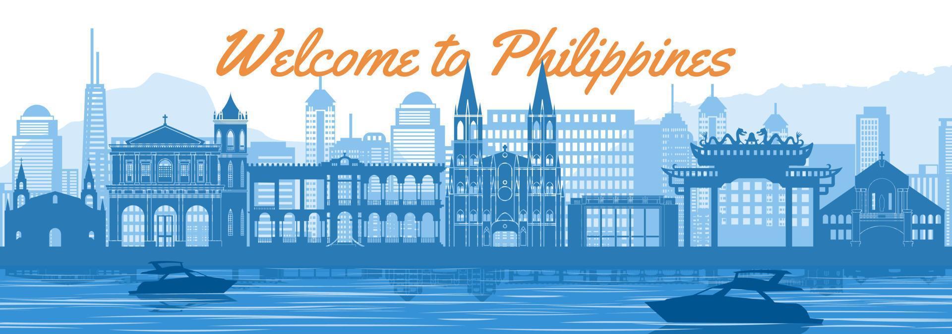philippines famous landmark silhouette style behind river and boat and in front of towers vector