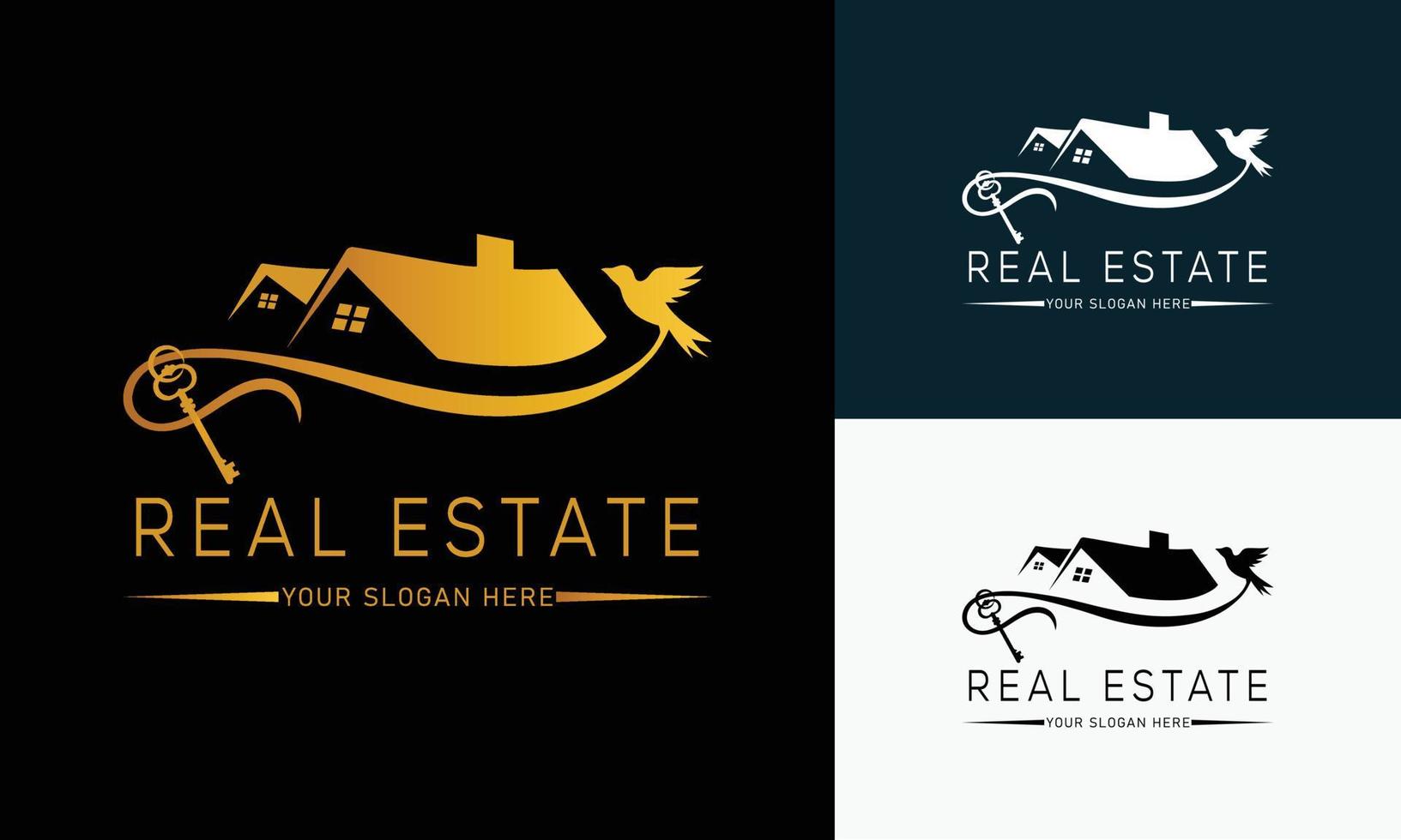 plantilla de logotipo de bienes raíces con insignias premium de estilo creativo dorado para vector de logotipo de agente inmobiliario vendido