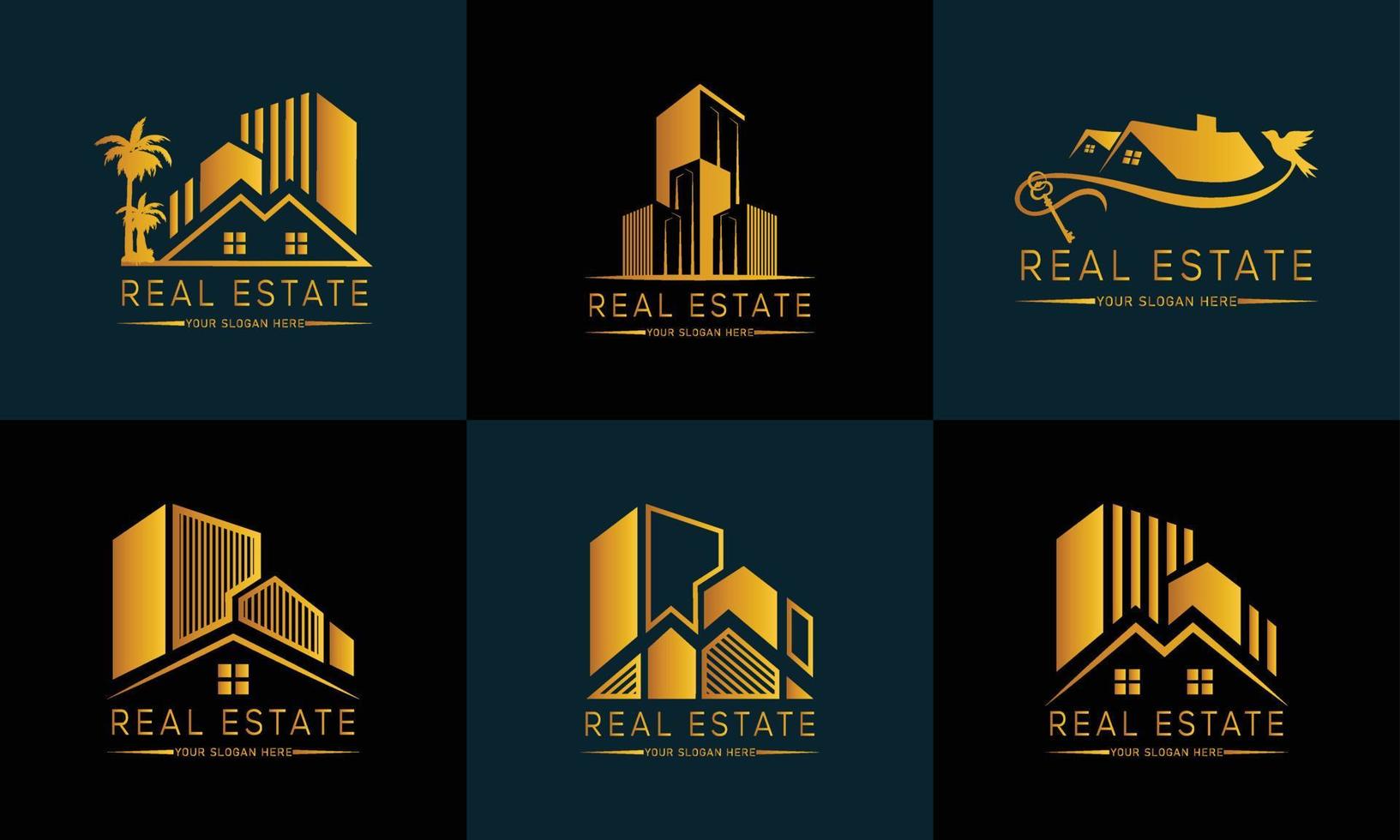 plantilla de logotipo de bienes raíces con insignias premium de estilo creativo dorado para vector de logotipo de agente inmobiliario vendido