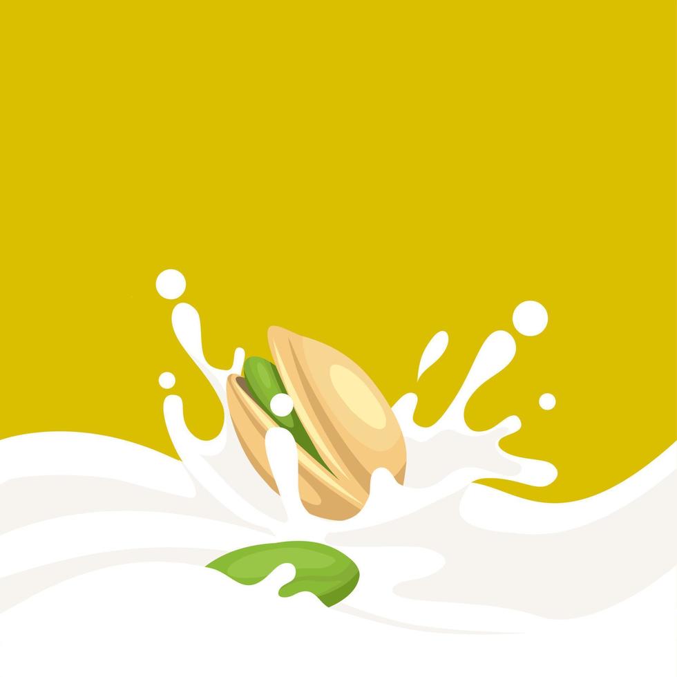 ilustración vectorial de un pistacho en una concha con salpicaduras de leche. comida y bebida orgánica natural. elementos de diseño para embalaje, publicidad, etc. vector