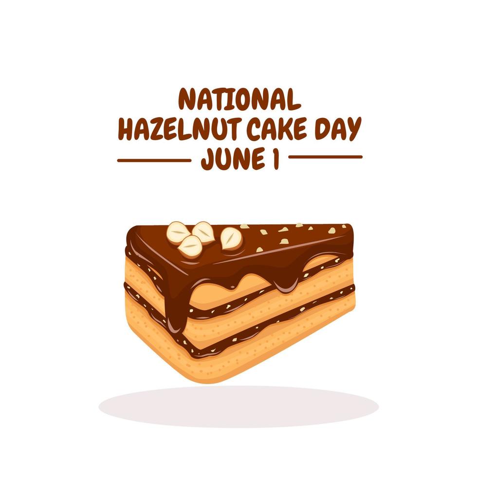 Vector illustration, floating cake slice with chocolate layer and hazelnut topping, isolated on white background, template design for advertisement and national hazelnut cake day banner.