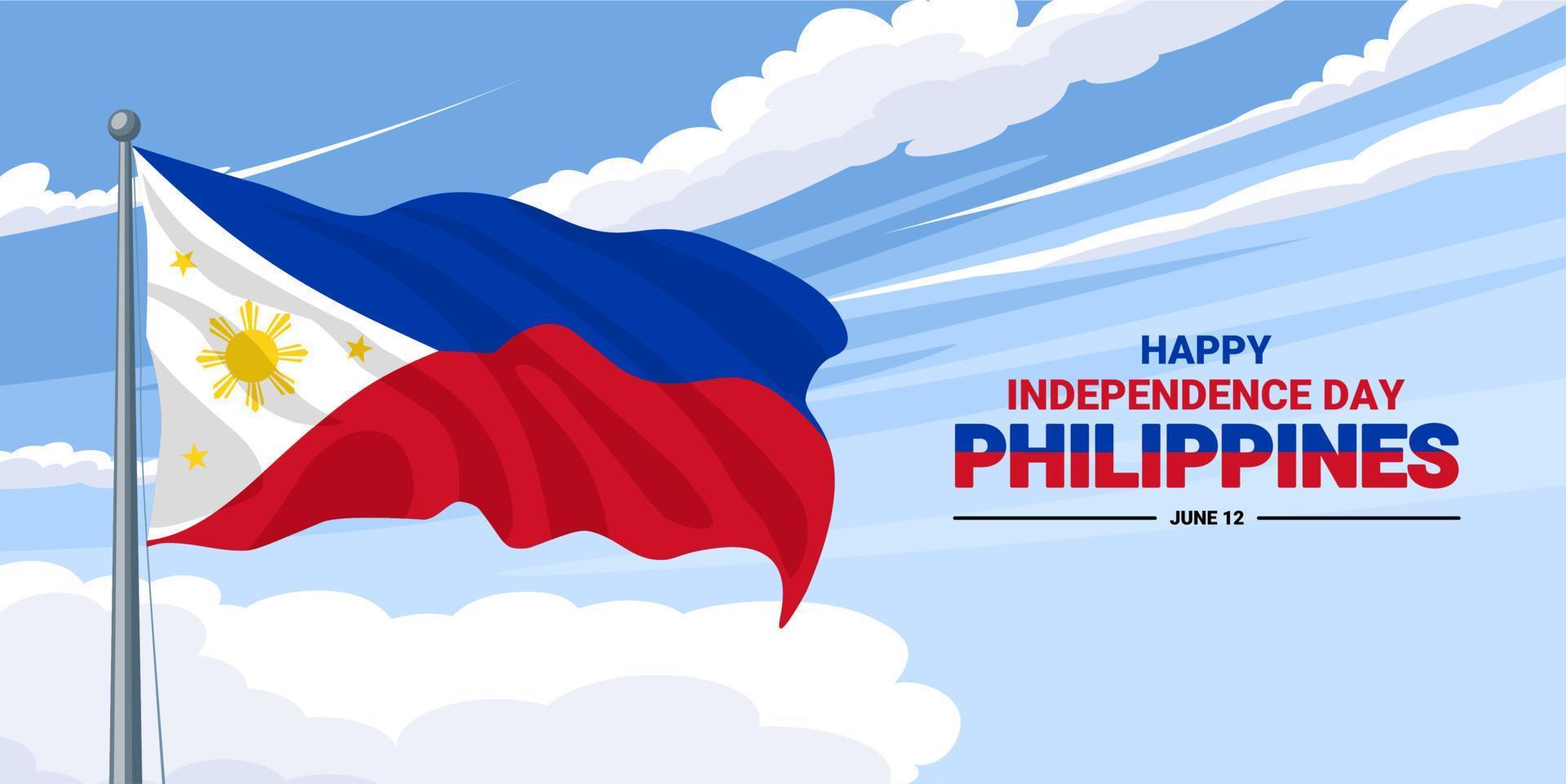 Philippines Independence Day banner design, the flag of the Philippines fluttering against a clear sky and white clouds background, vector illustration.