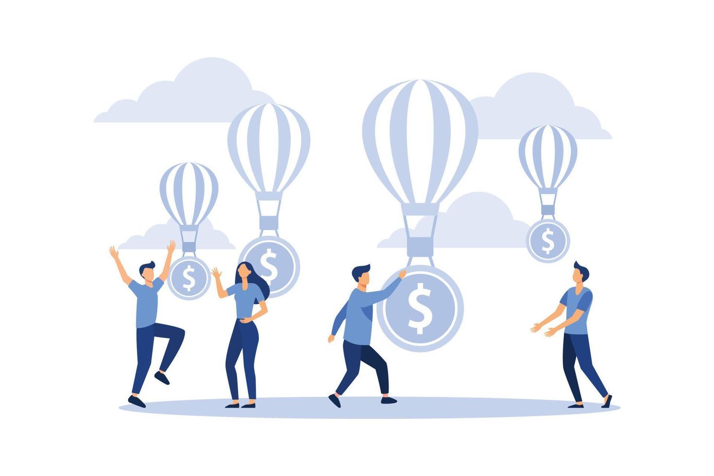 working together in a company, balloon takes off with money, phrase money to the wind flat vector design illustration