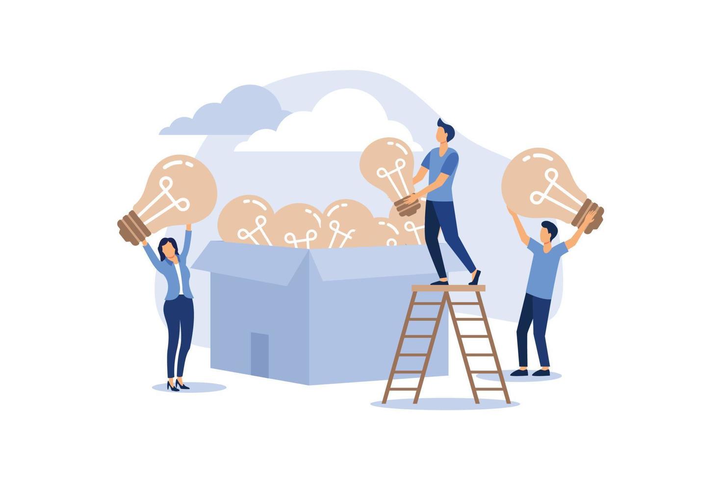 brainstorming, idea in the form of an abstraction light bulb, a group of people climbed up on extinct light bulbs flat modern design illustration vector