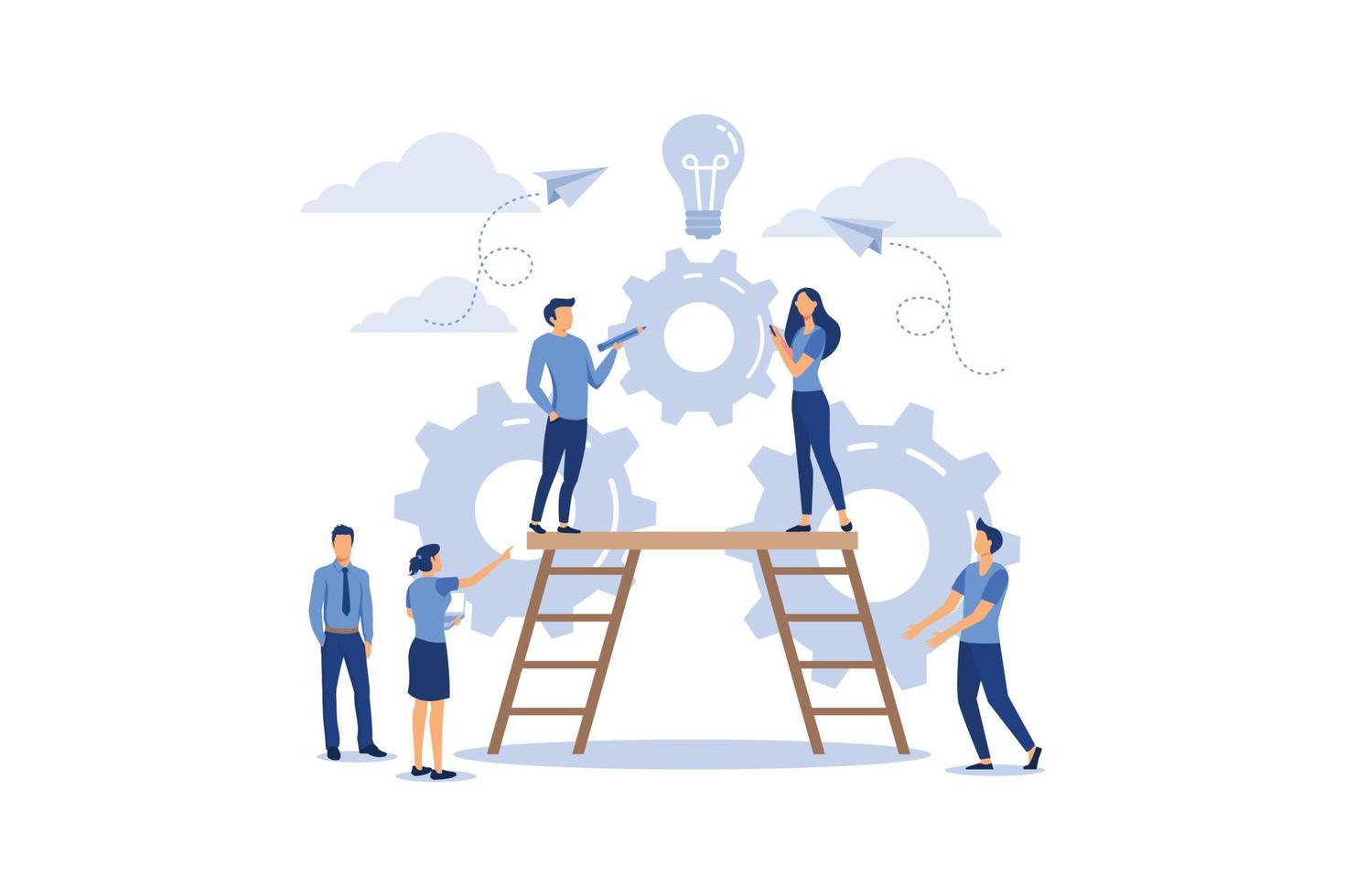 Business concept vector illustration, little people are launching a mechanism to achieve ideas, a light bulb is shining appears an idea, a symbol of creativity, creative ideas, mind, thinking, Vector.