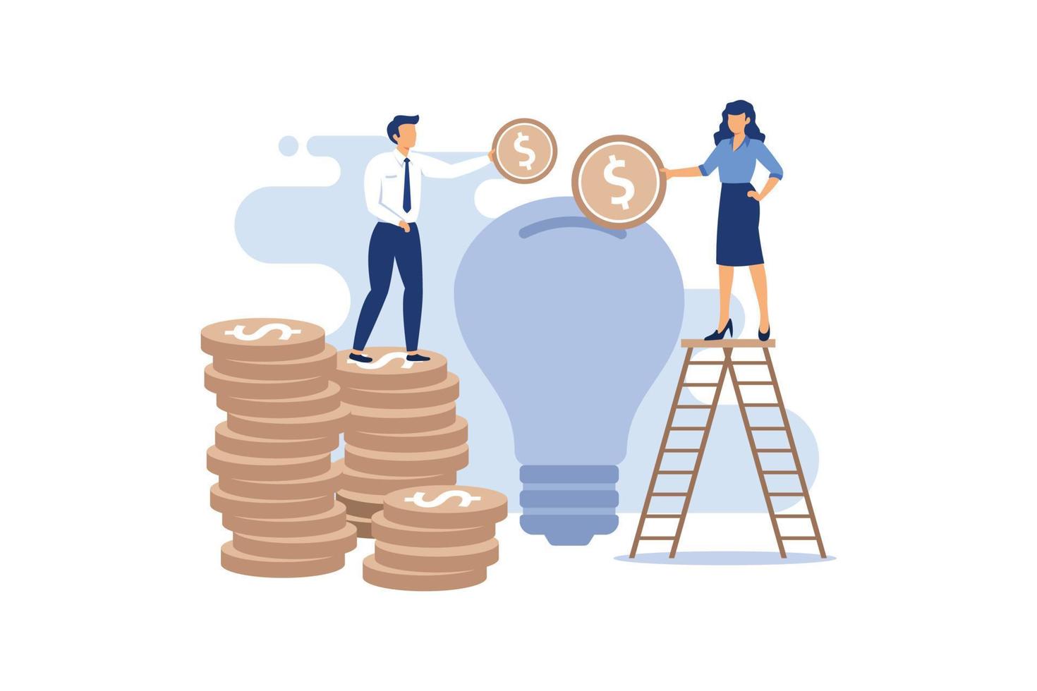 Venture capital. A man standing on a stack of coins, a woman standing on a ladder throwing coins in a light bulb, on the background of dollar icons flat modern design illustration vector