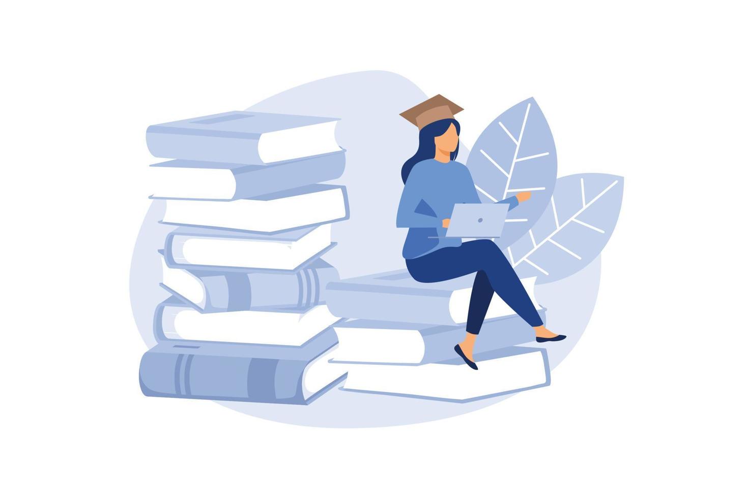 a graduate girl sitting on books with laptop surrounded by greenery. graphic design for language courses, online education. vector