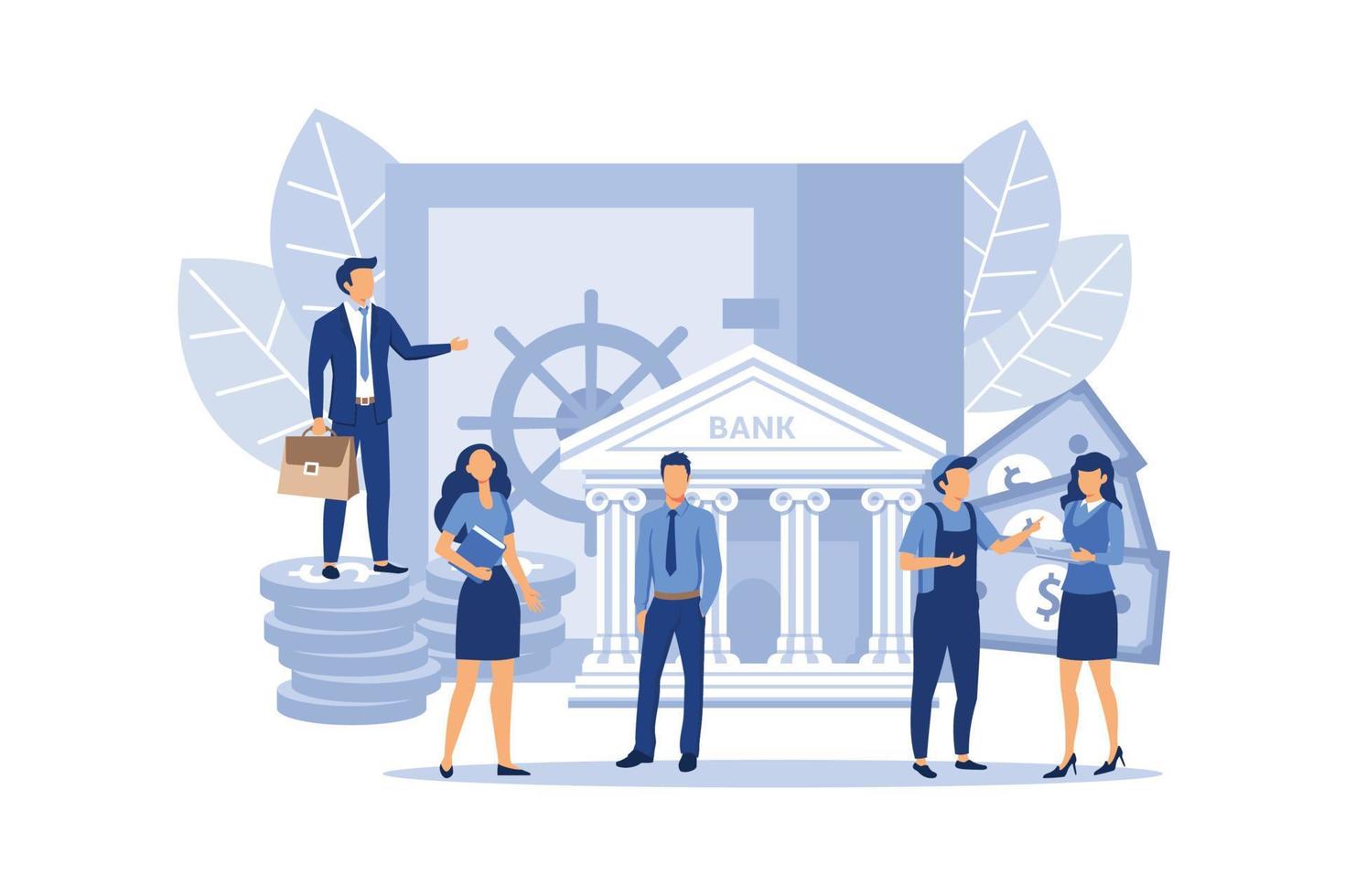 closed bank safe, dollars in a deposit box and a cash bag, safe savings, a money deposit, bank employees, investing money on an account flat vector illustration