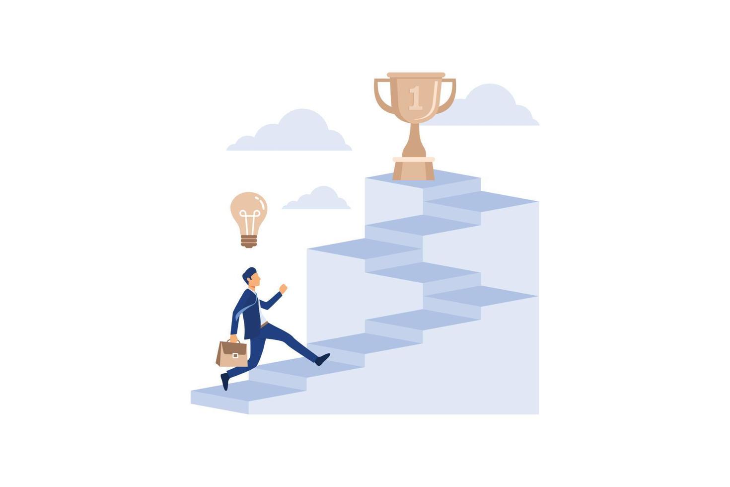 hombre de negocios sosteniendo una copa de trofeo de pie en la escalera. ilustración de diseño plano moderno vector