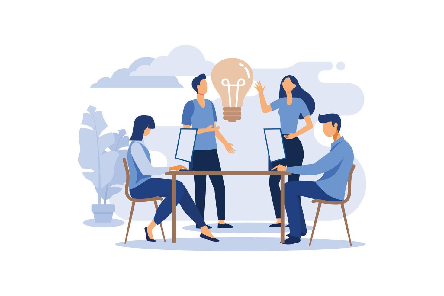 Business Meeting Teamwork Concept. Businessman and Woman Characters with Laptop. Colleagues Characters Communicating Brainstorming, Discussion Idea. flat modern design illustration vector