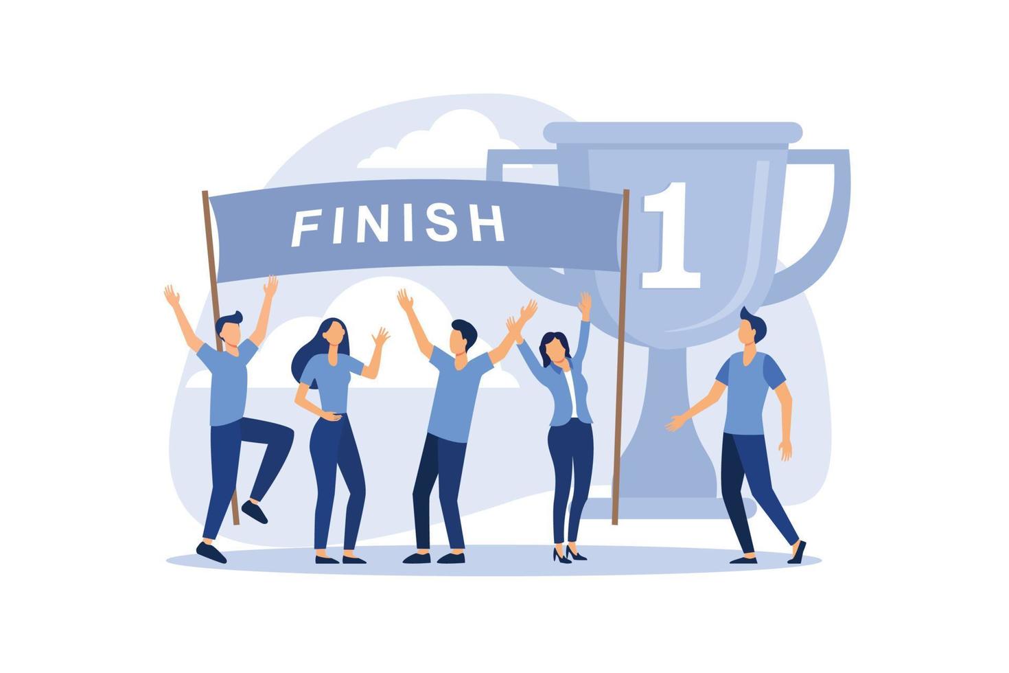 concept of success, reach the goal, come first to the finish line, take the leadership positions, celebrate the victory, the first place with the medal and the gold cup flat vector illustration