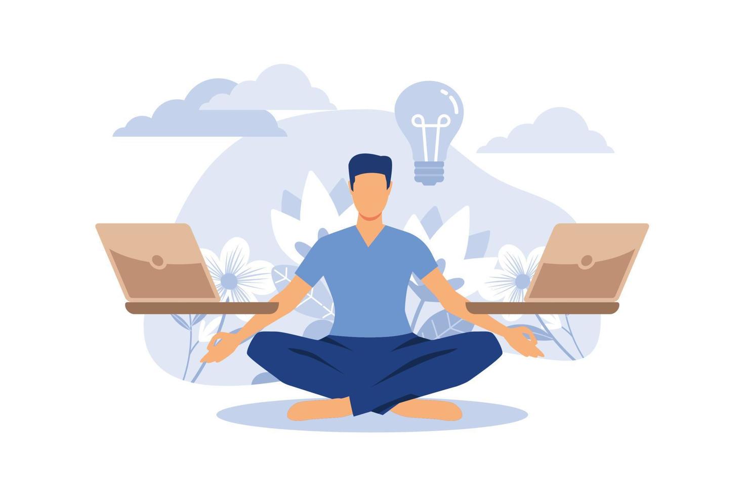 concept of meditation workflow, health benefits for body, mind and emotions, lotus position, thought process, start and search for ideas flat vector