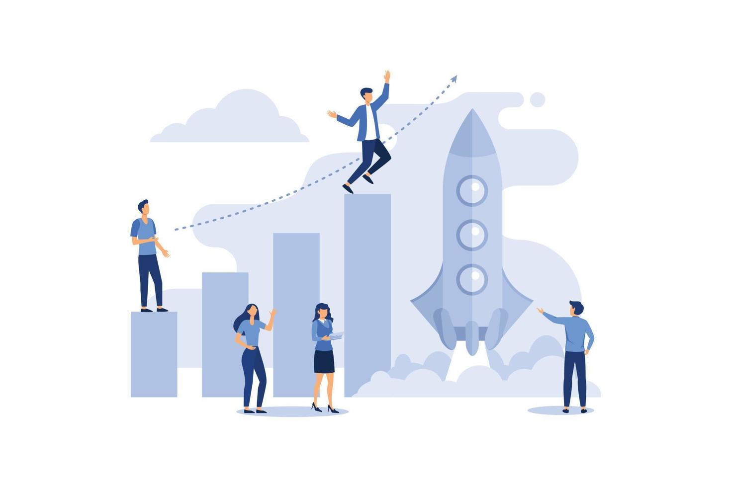 people run to their goal on a column of columns, move up the motivation, the way to achieve the goal, rocket up, flat vector illustration