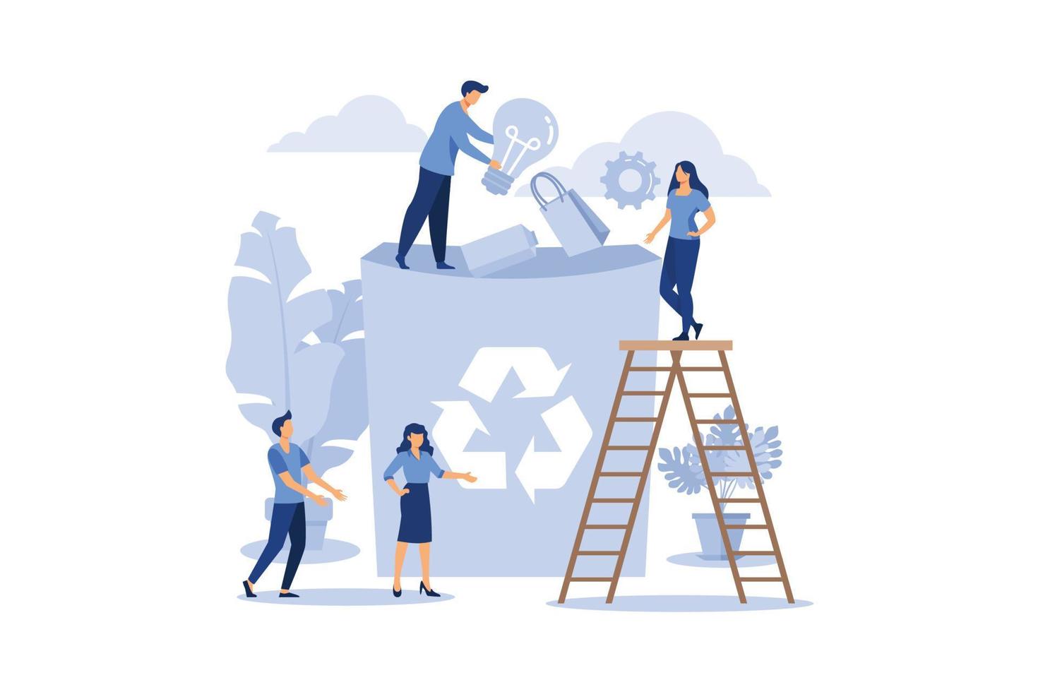the employee is engaged in recycling garbage, career growth to success, flat color icons, business analysis, environmental protection flat vector illustration