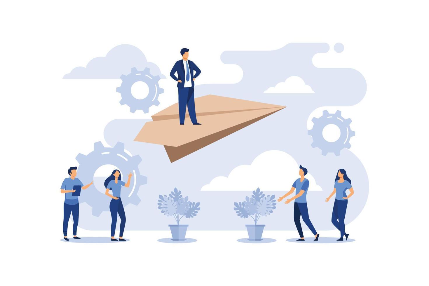 concept of reaching the goal, a man rises up on a paper plane, the people downstairs support him and rejoice flat modern design illustration vector
