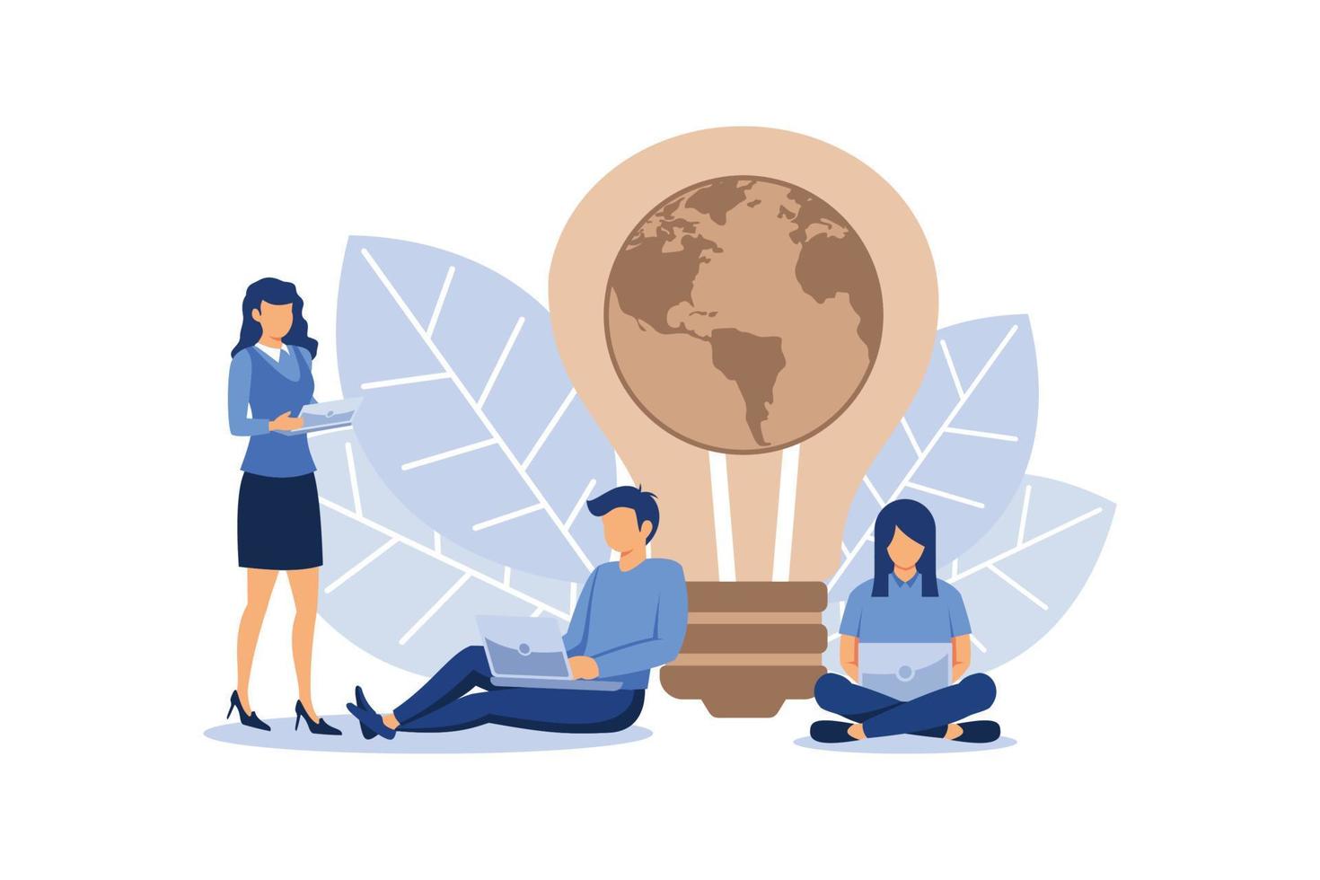 little people prepare for Earth day, save energy, Earth hour, correspond with different countries, communicate through networks flat vector illustration