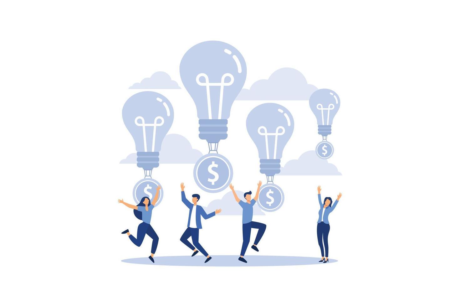 working together in a company, a light bulb takes off with coins up, ideas bring income to the company flat vector illustration