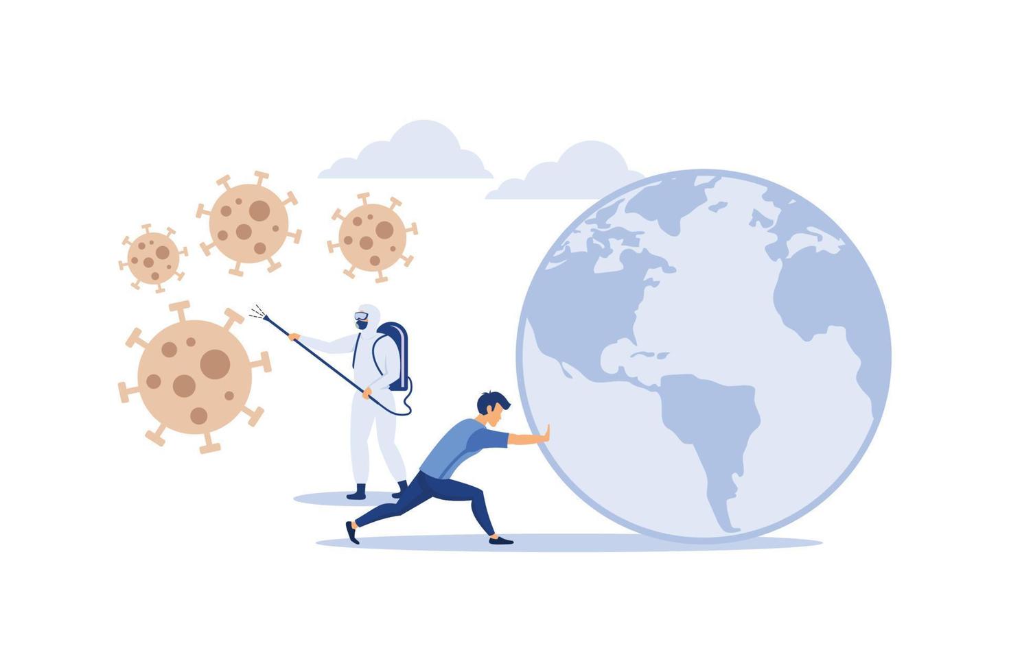 Business flat vector concept people push the world away from corona virus attack. Illustration For Wallpaper, Banner, Background, Infographic, Book, Web Landing Page flat modern design illustration