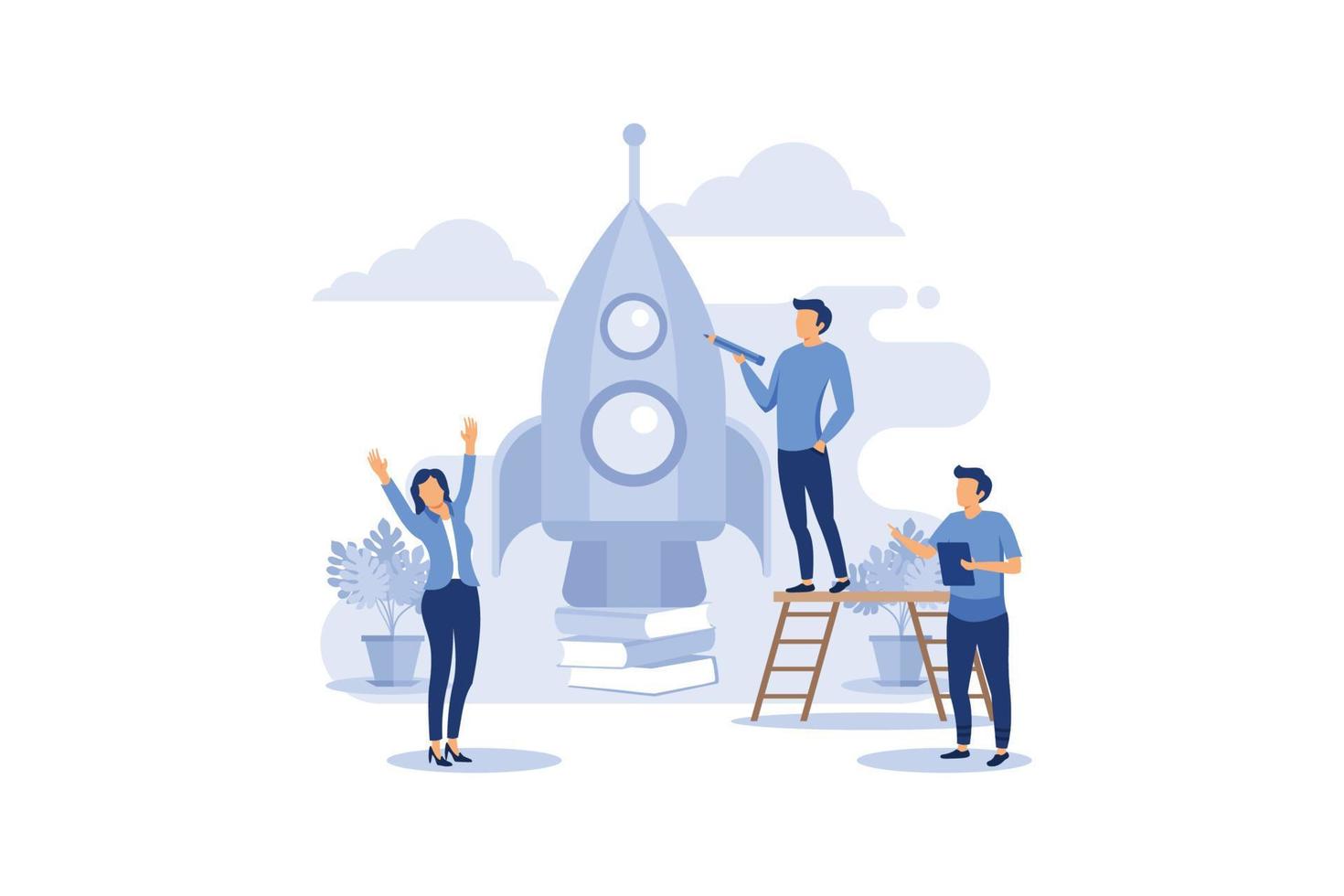 people are building a spaceship rocket. cohesive teamwork in the startup flat vector illustration