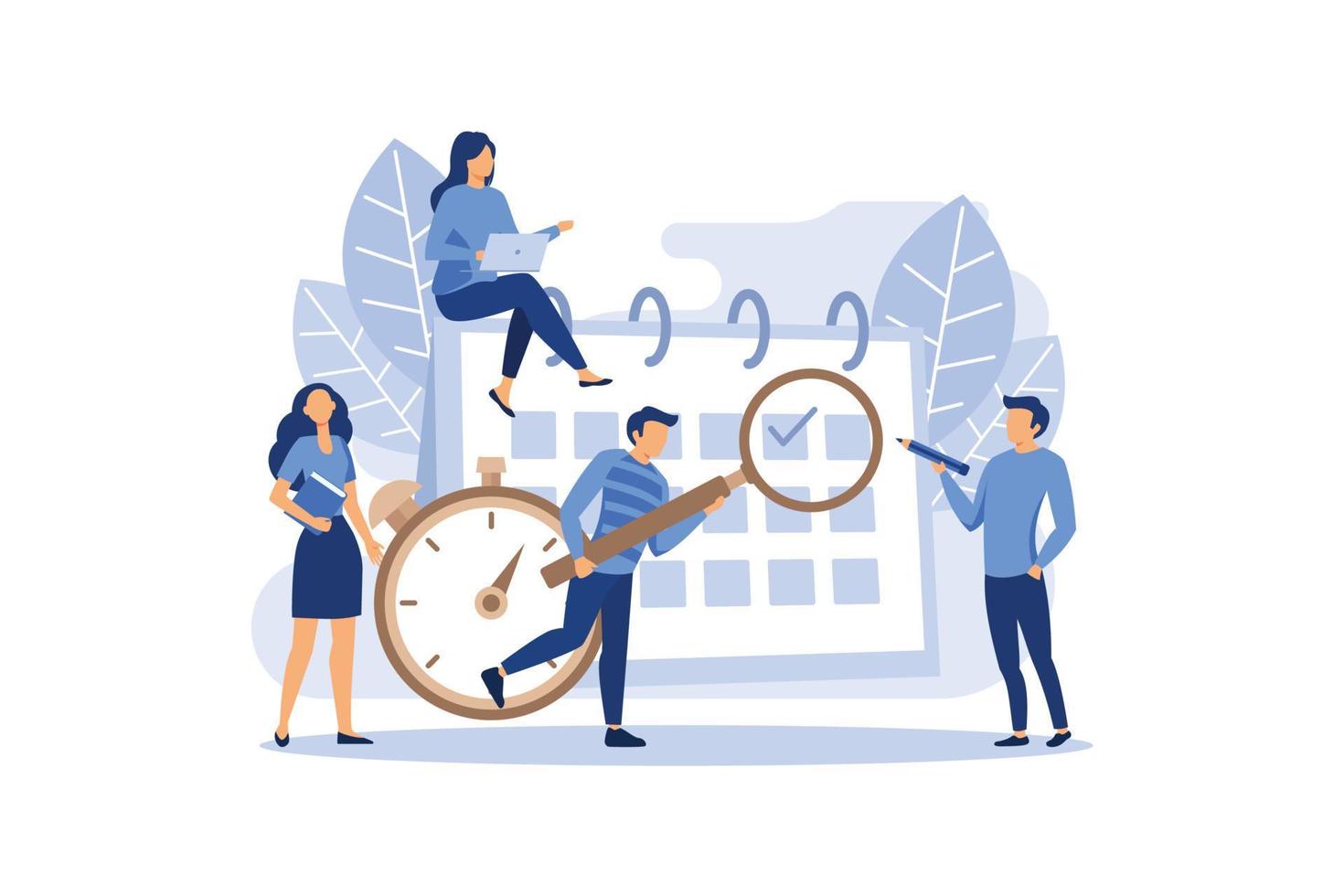 little people characters make an online schedule in the tablet. design business graphics tasks scheduling on a week flat vector illustration
