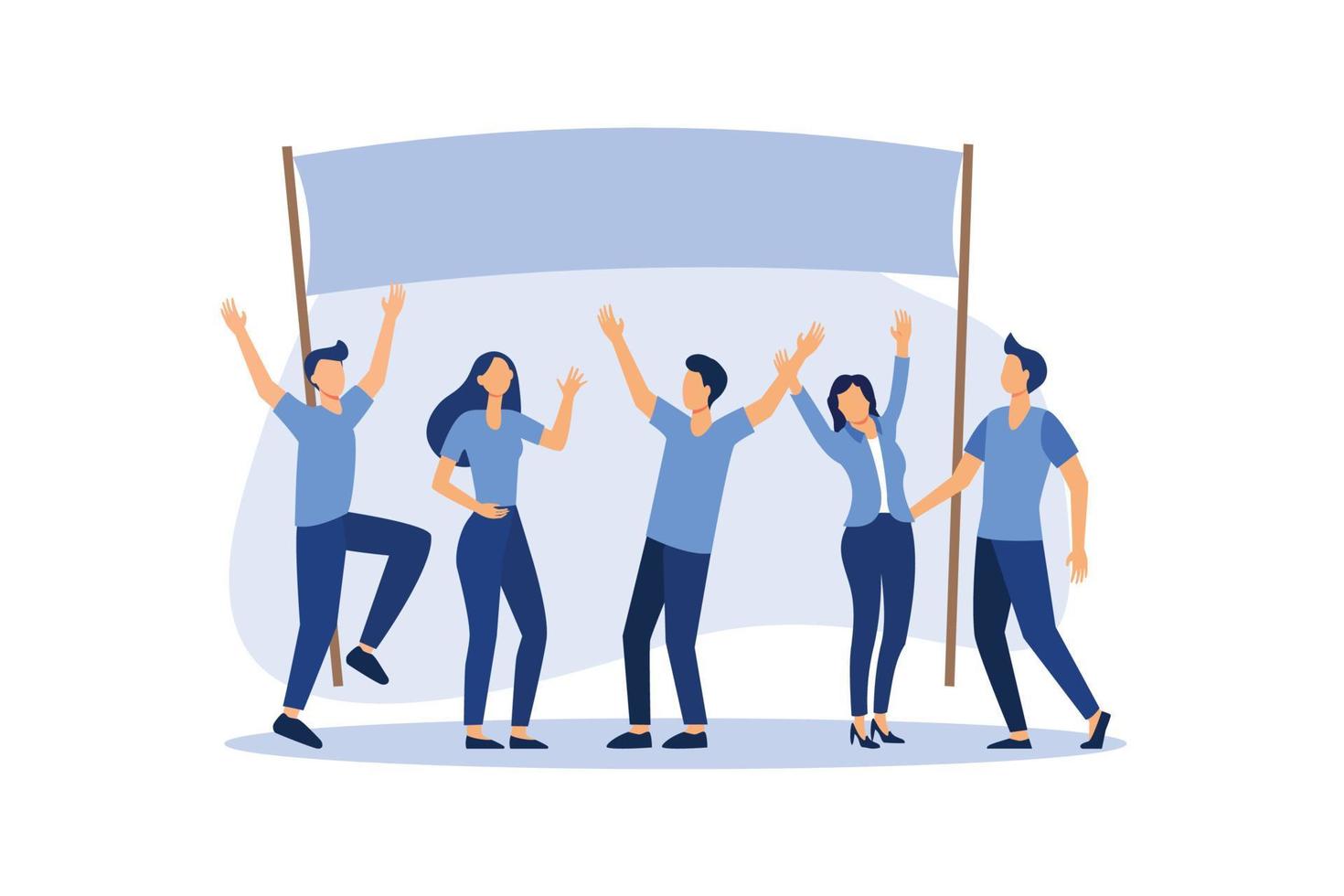 holding banners and posters. Men and women take part in political rallies, parades or rallies flat vector design illustration