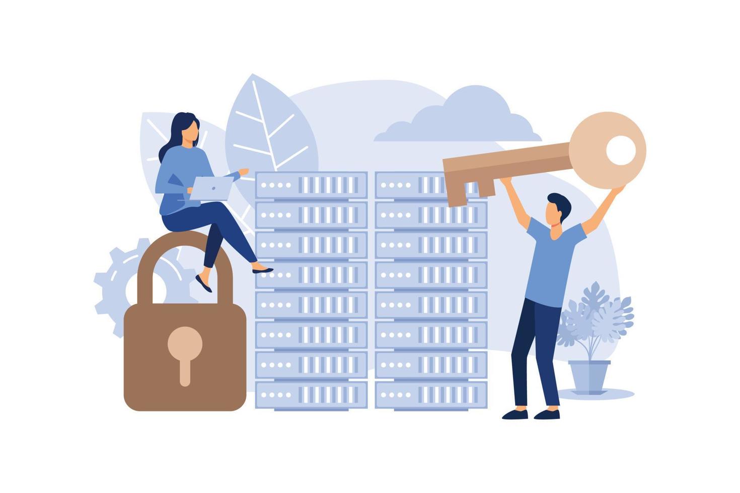 Server Security Concept, Showing the server is being maintained by a network administrator, Suitable for landing page, UI, web, flat modern design illustration vector