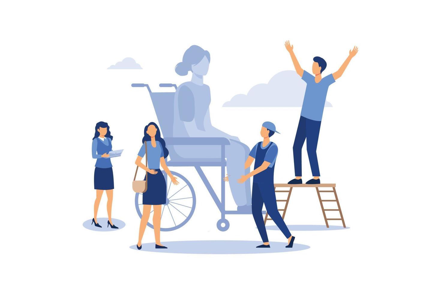 assistance to a disabled person, a person in a wheelchair helping him other people, social workers, medical help, rehabilitation flat vector illustration