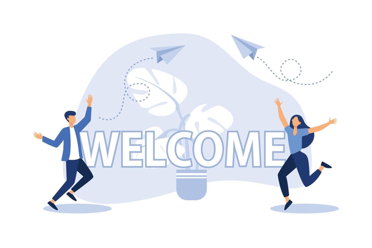 meeting, greeting concept, characters standing near the word greetings and giving greetings signs flat vector design illustration