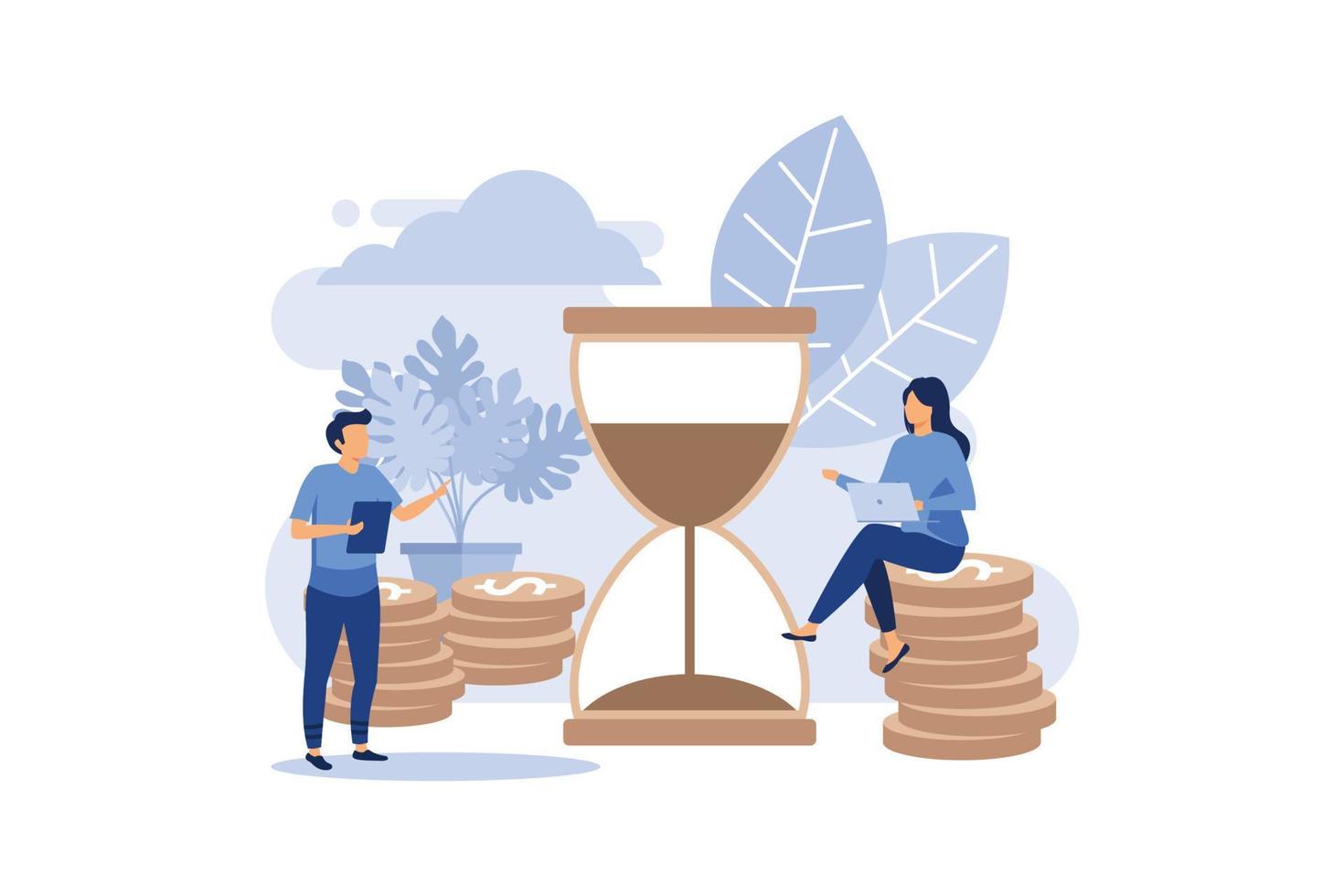 Investment management. the company is engaged in the joint construction and growth of monetary profit, a time metaphor. flat vector illustration