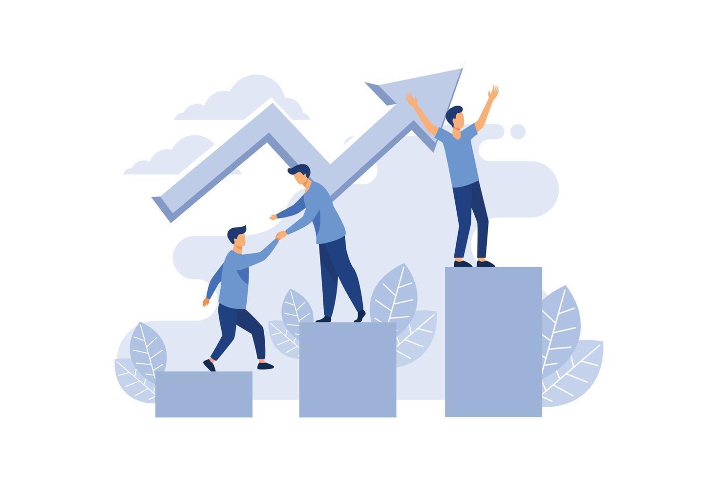 vector business illustration a group of people characters are thinking over an idea. prepare a business project start up. rise of the career to success, flat color icons, business analysis flat vector