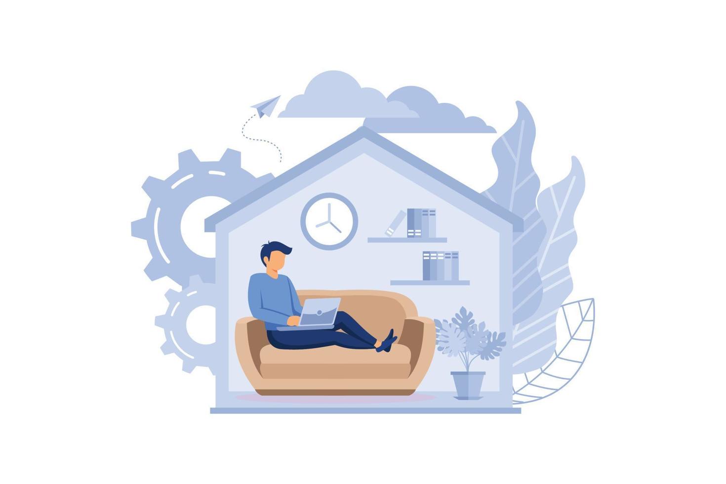 Self isolation concept. Young man working from home during Covid-19. All stay at home. Self-isolate from a pandemic. Remote work from home during Quarantine. Vector flat illustration