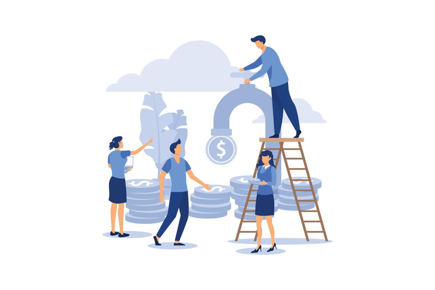 business porters - a successful team. financing of creative projects. Receipt of money from the tap, water consumption, money for water flat modern design illustration vector