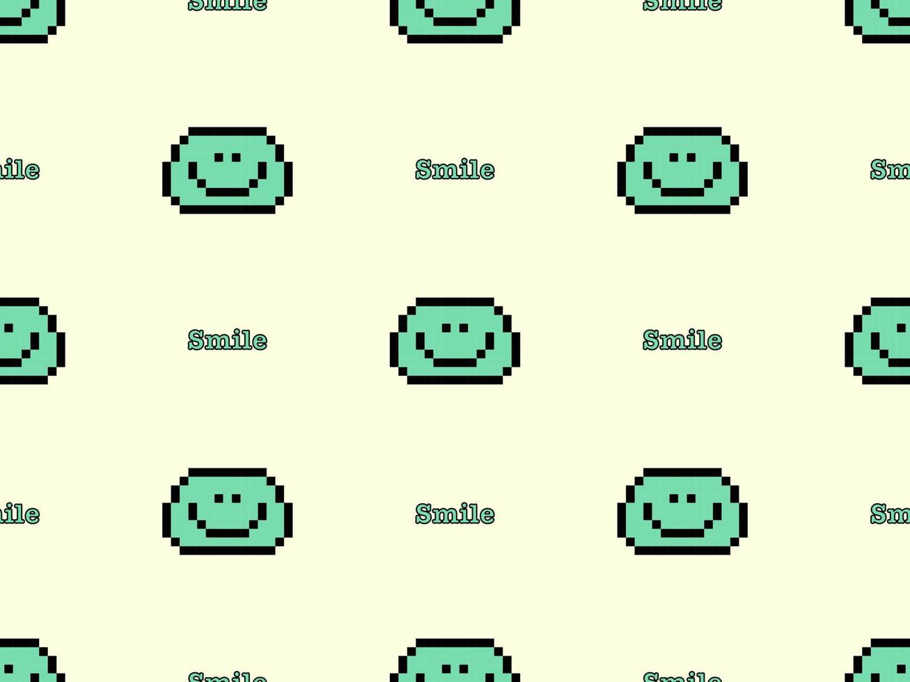 Smile cartoon character seamless pattern on yellow background. Pixel style vector