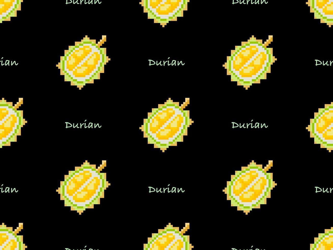 Durian cartoon character seamless pattern on black background. Pixel style vector