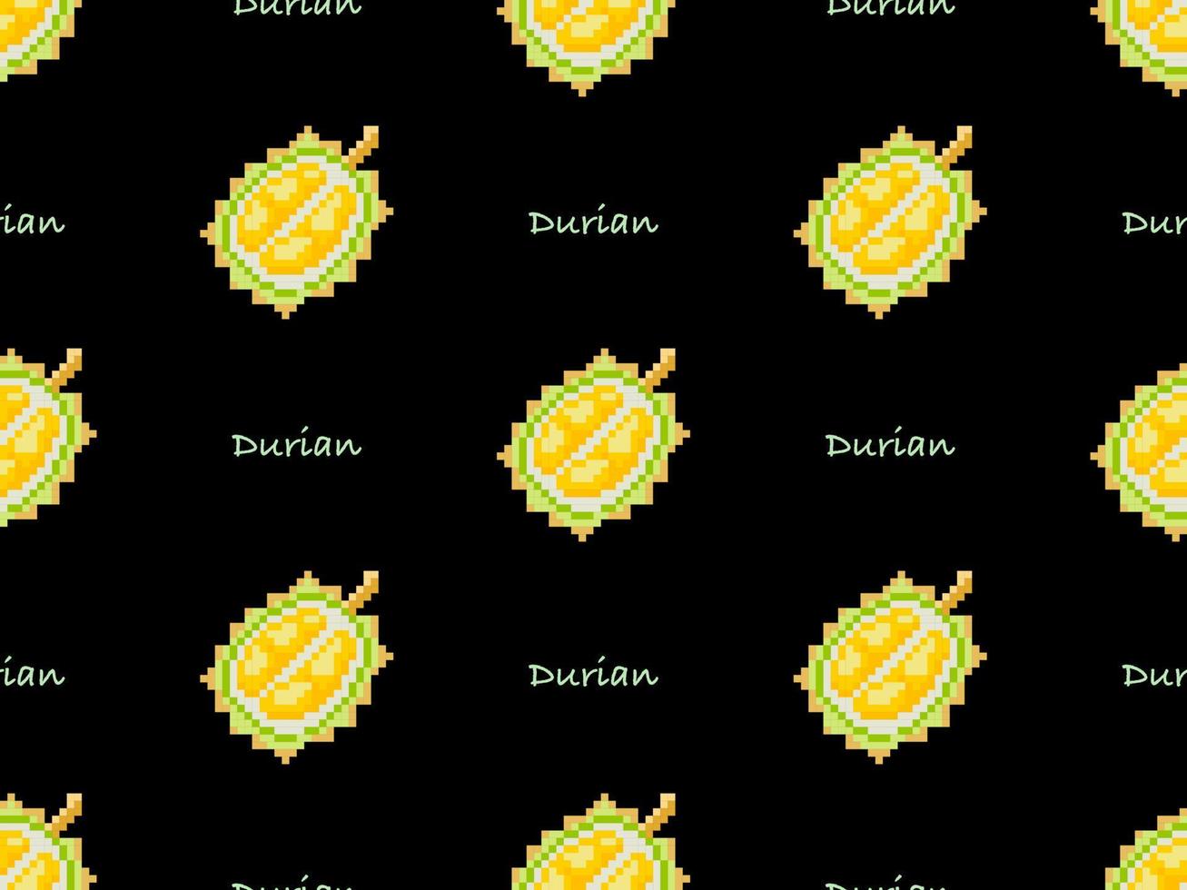 Durian cartoon character seamless pattern on black background. Pixel style vector