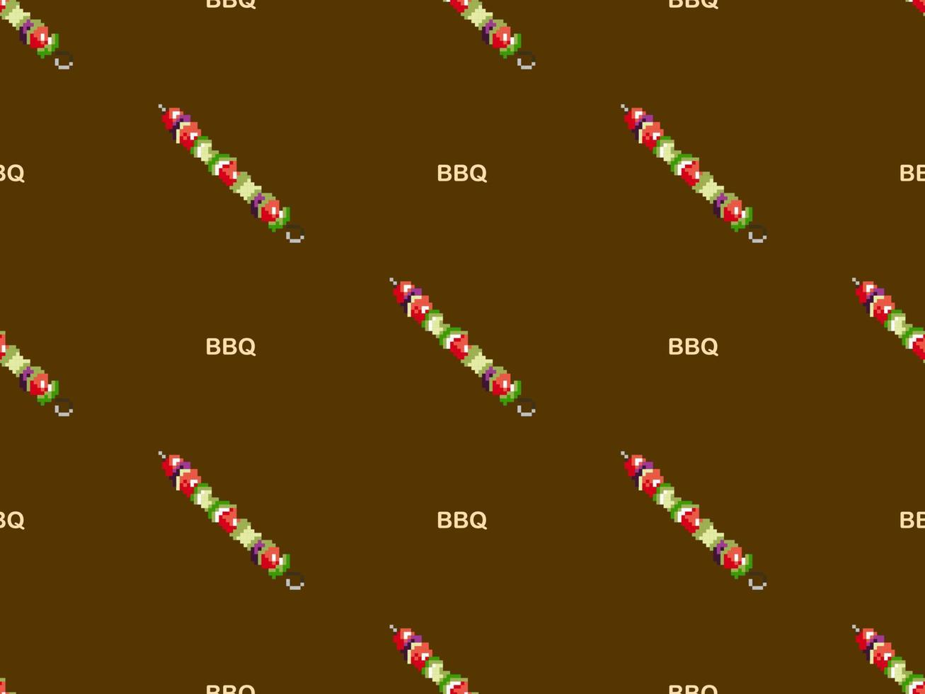 Barbecue cartoon character seamless pattern on brown background. Pixel style vector